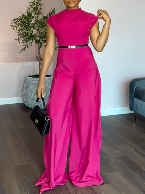 Wide-Leg Stand-Collar Cap-Sleeve Belt