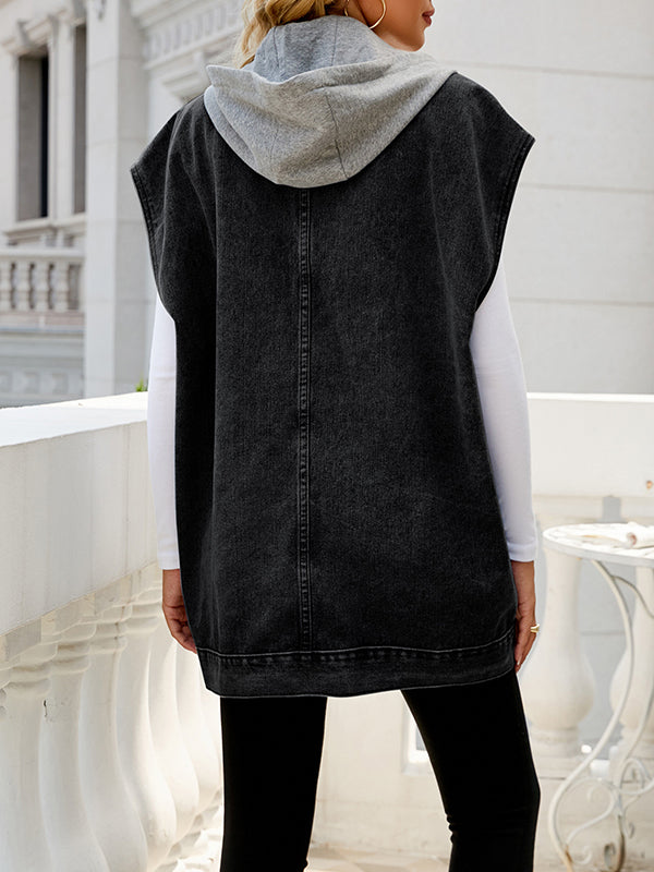 Hooded Button-Detail Pocket Sleeveless Vest