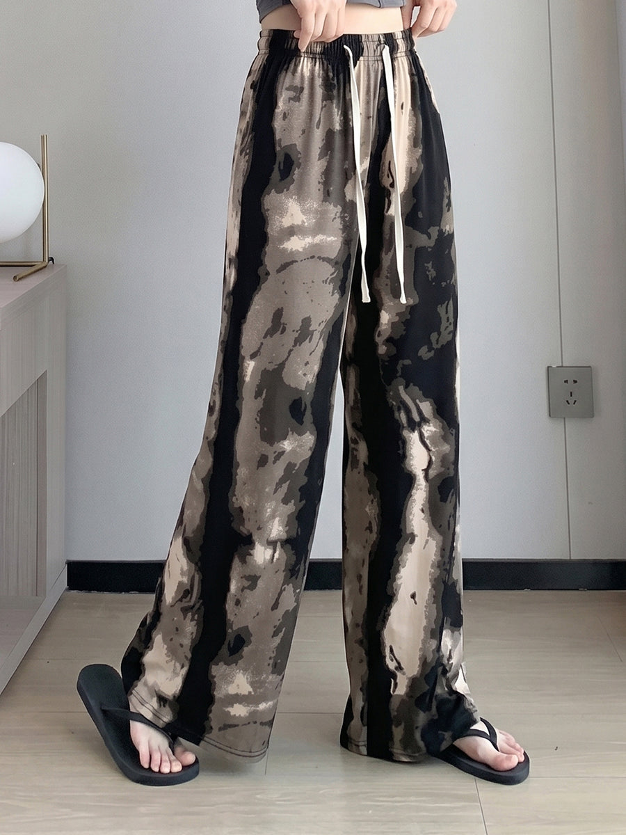 Printed Wide-Leg High-Waist Drawstring Pants