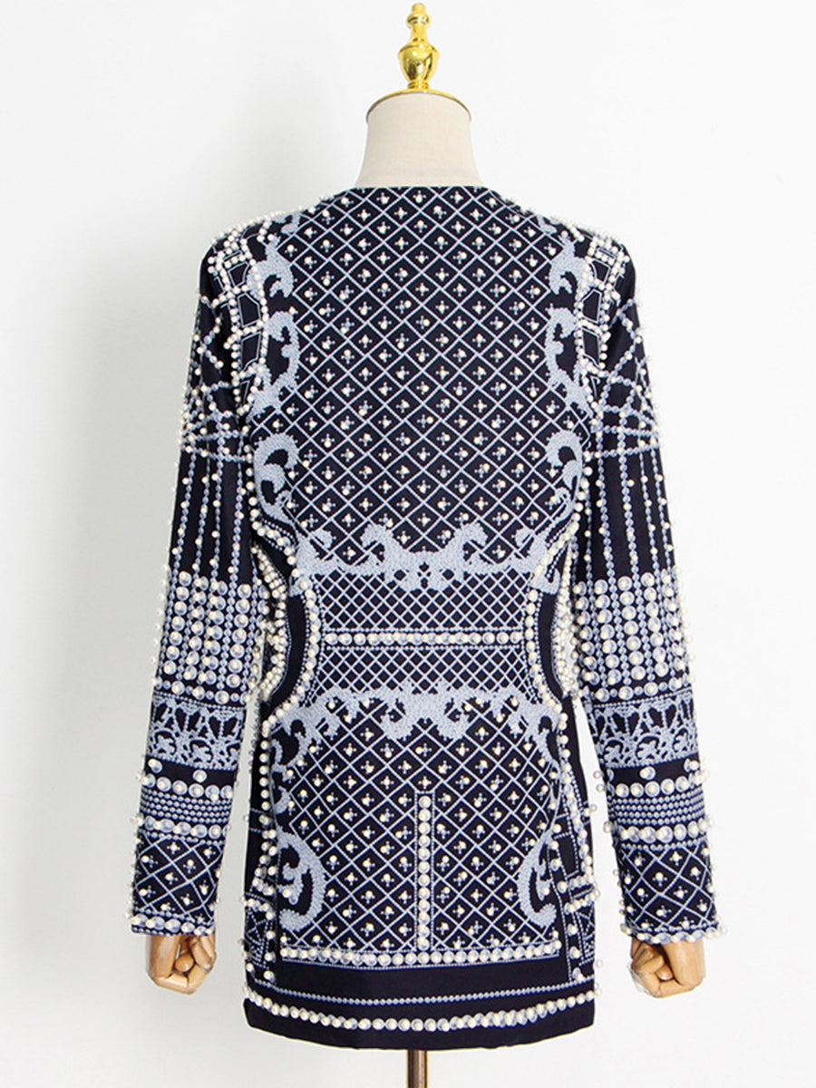 Printed V-Neck Long-Sleeve Relaxed Blazer