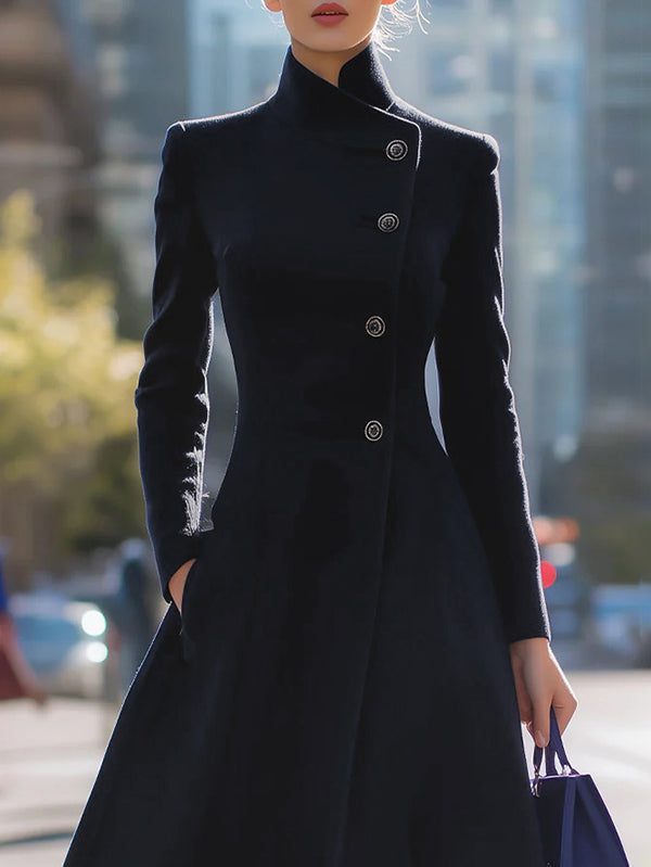Stand-Collar A-Line Button-Detail Pocket Coat