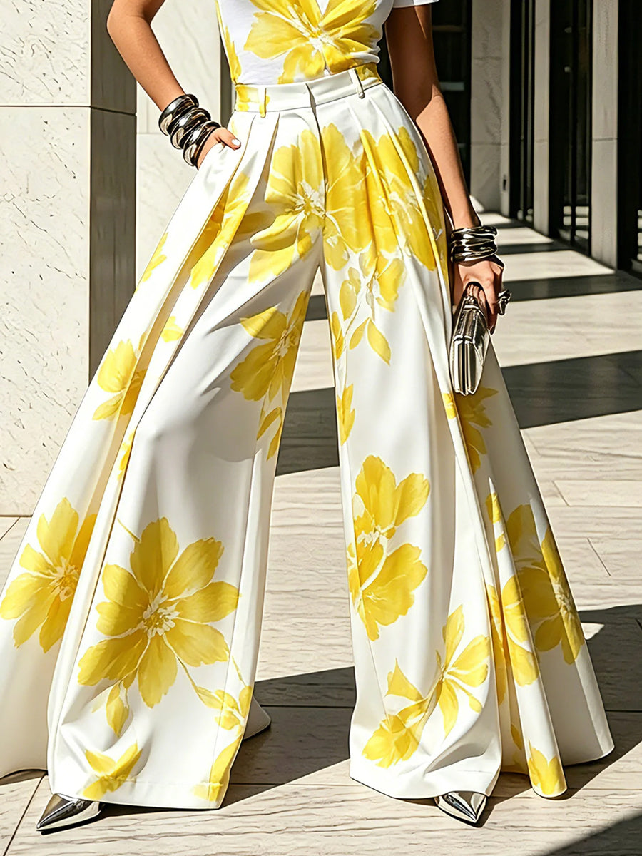 Floral Wide-Leg High-Waist Pleated Pants