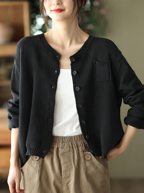 Round-Neck Button-Detail Long-Sleeve Relaxed Cardigan
