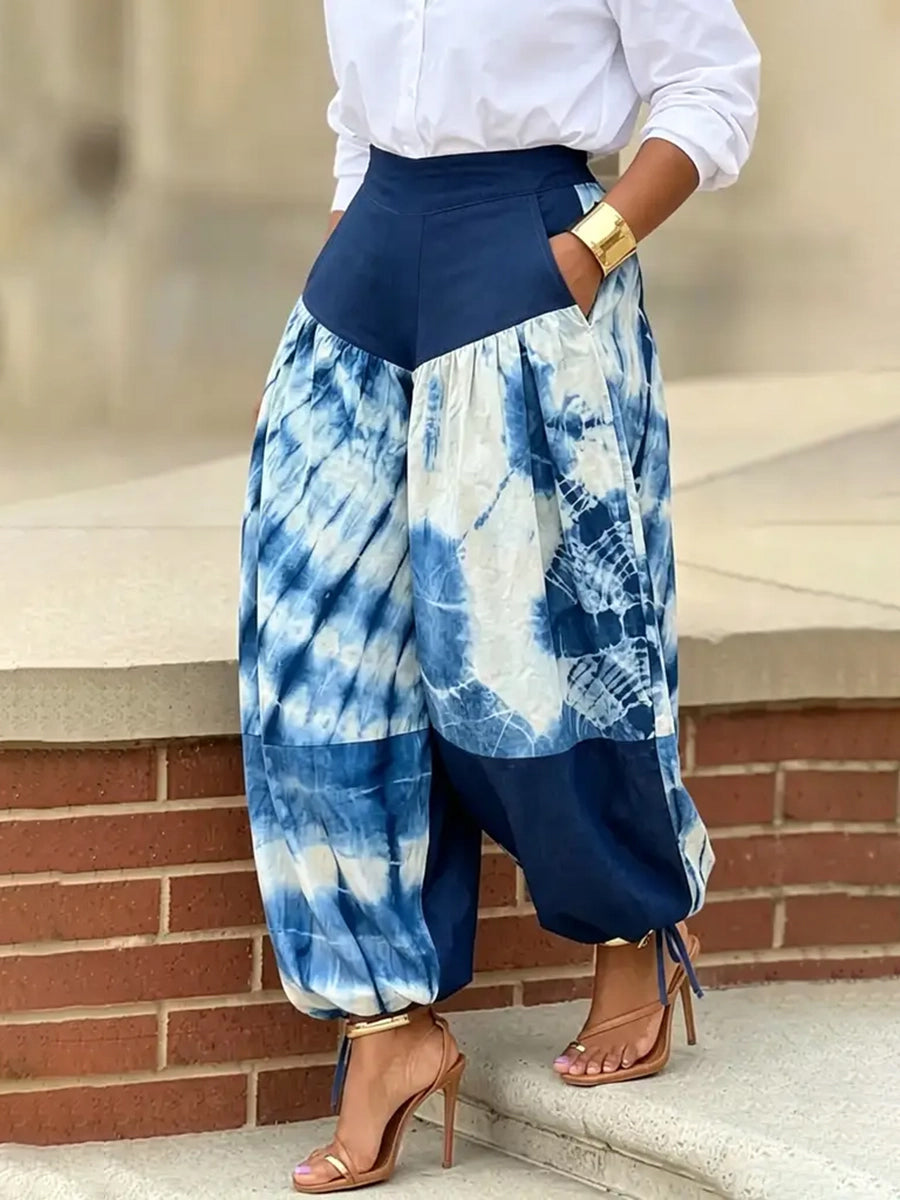 Printed High-Waist Contrast Pants