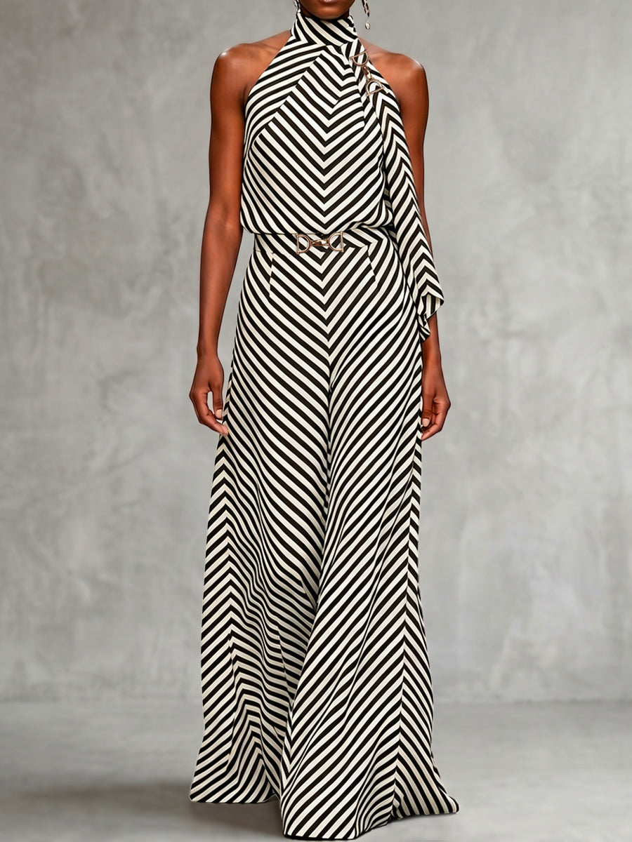 Striped High-Waist Buckle Elastic Pants