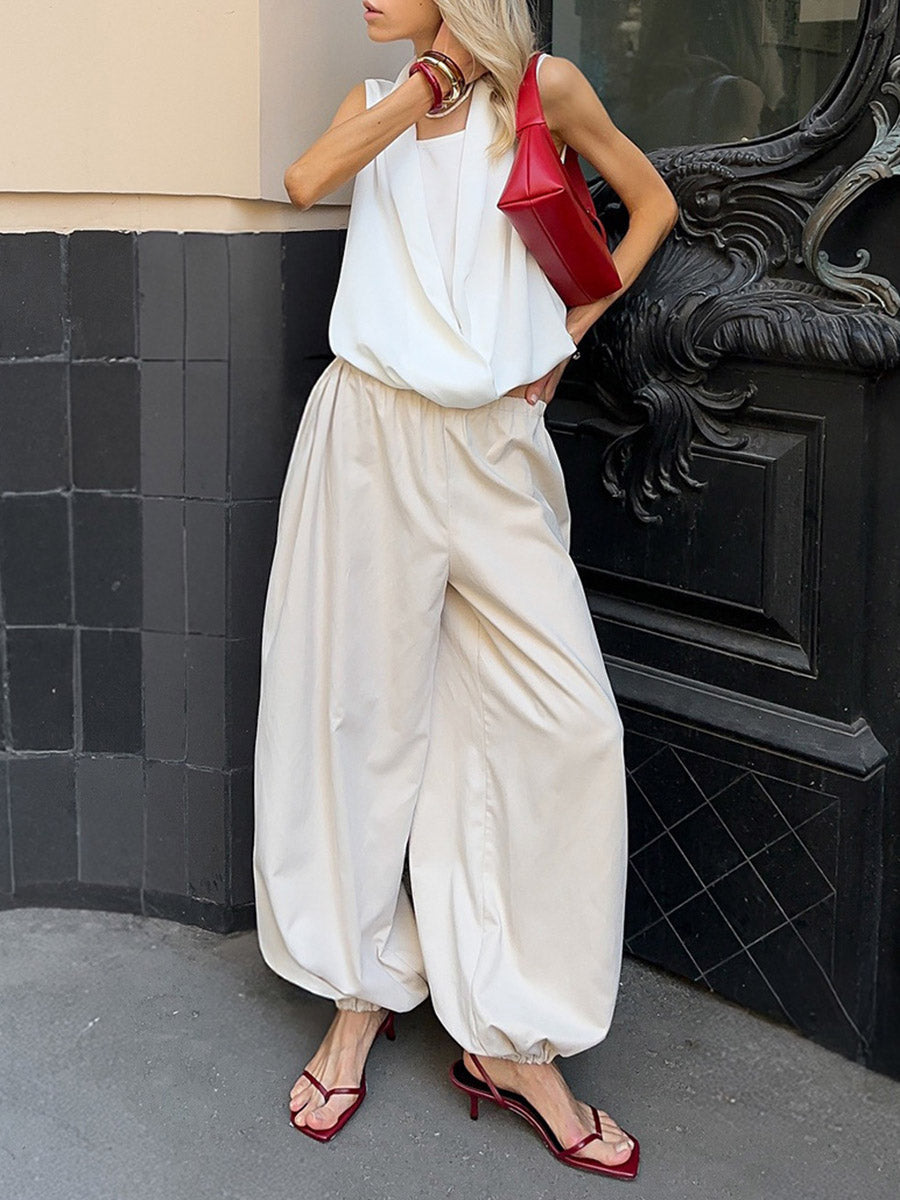 High-Waist Pleated Drawstring Pants