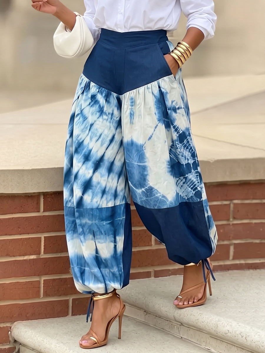 Printed High-Waist Contrast Pants