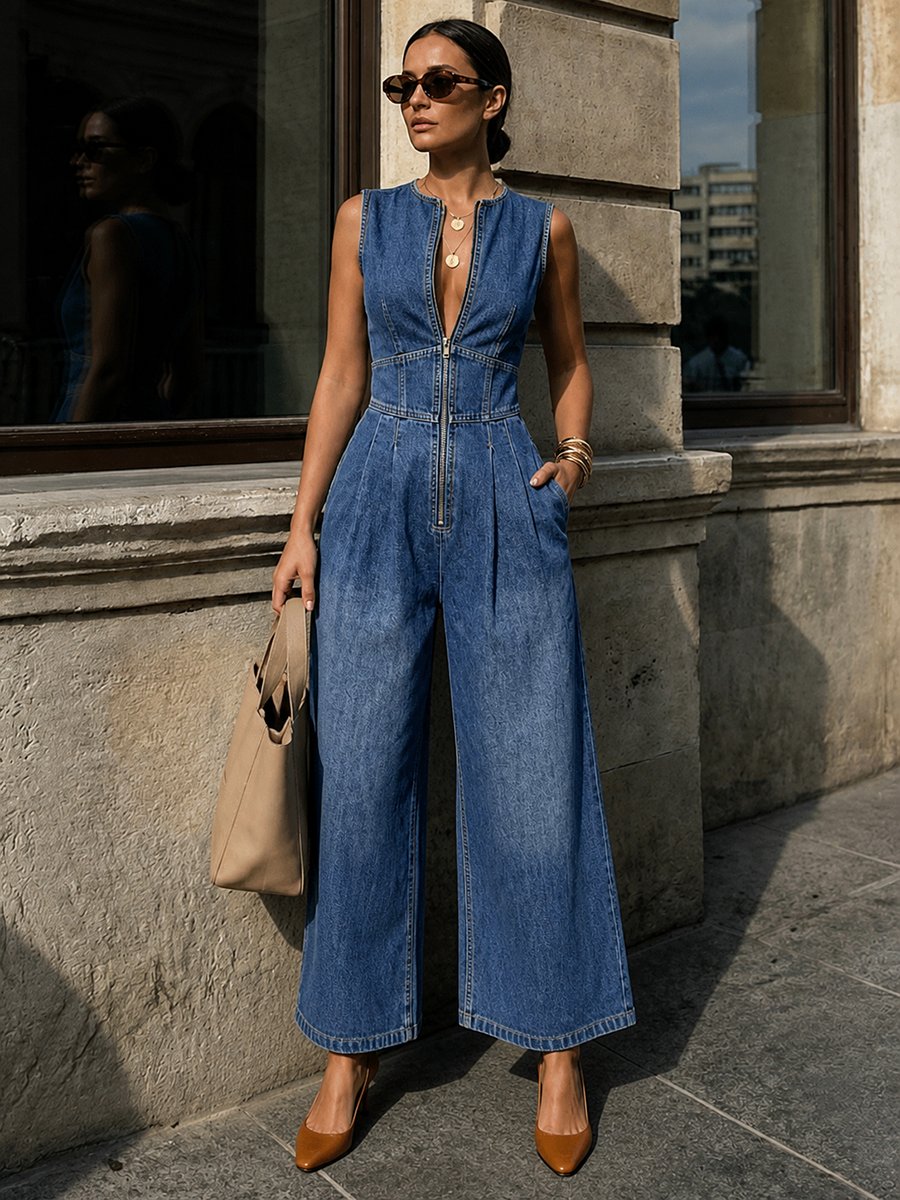 High-Waist Round-Neck Pleated Zip Jumpsuit
