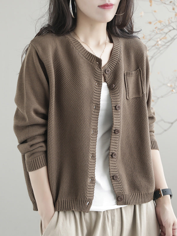 Round-Neck Button-Detail Long-Sleeve Relaxed Cardigan