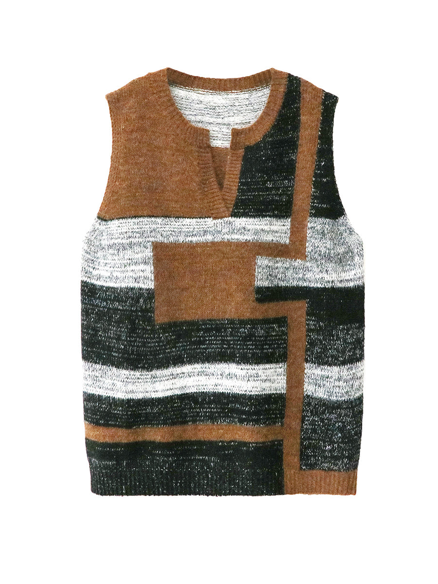Striped V-Neck Sleeveless Geometric Vest