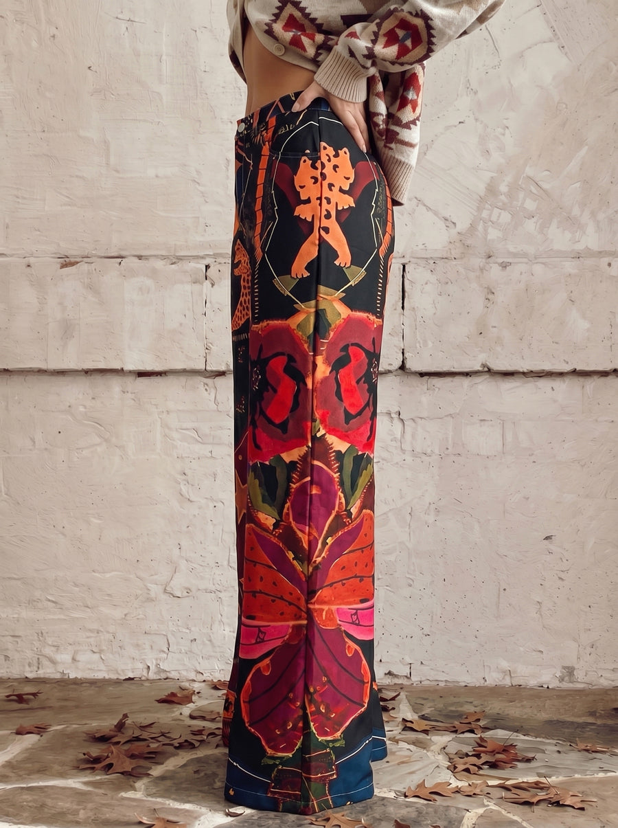 Printed High-Waist Plus Size Button-Detail Pants