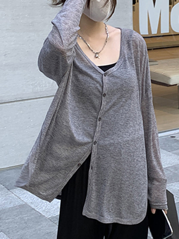 V-Neck Button-Detail Long-Sleeve Relaxed Cardigan
