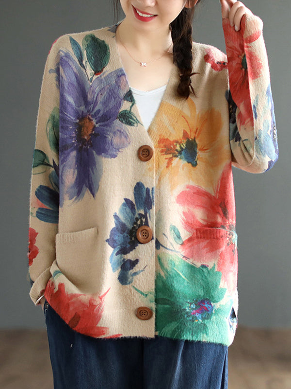 Floral V-Neck Button-Detail Long-Sleeve Cardigan