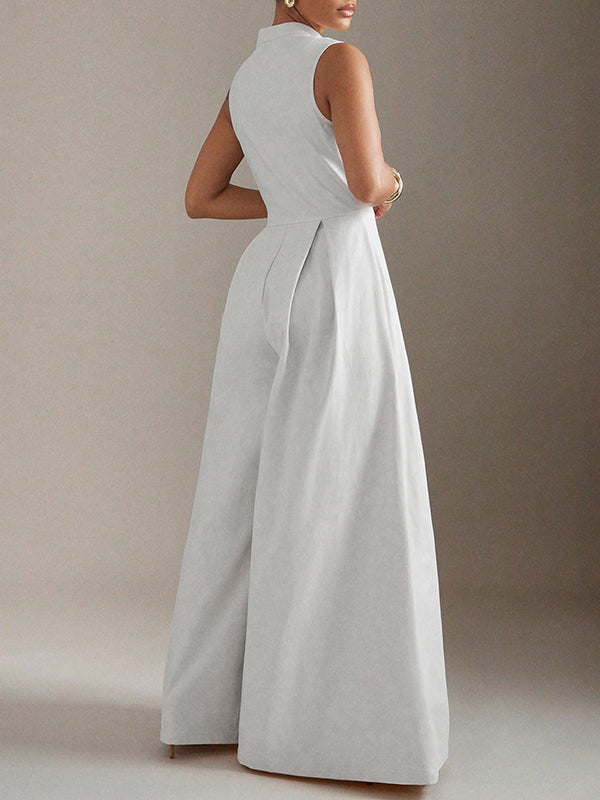 Wide-Leg Round-Neck Pleated Zip Jumpsuit