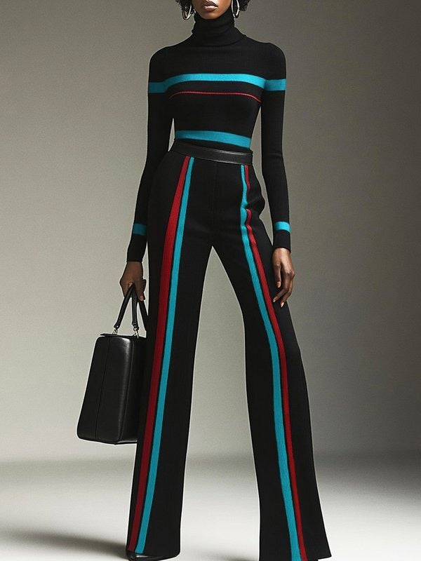 Striped High-Waist Contrast Pants