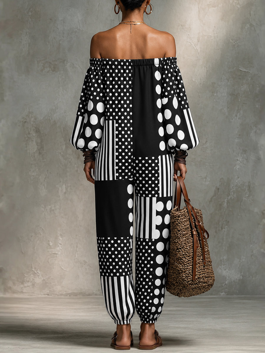 Polka Dot Striped Long-Sleeve Elastic Jumpsuit
