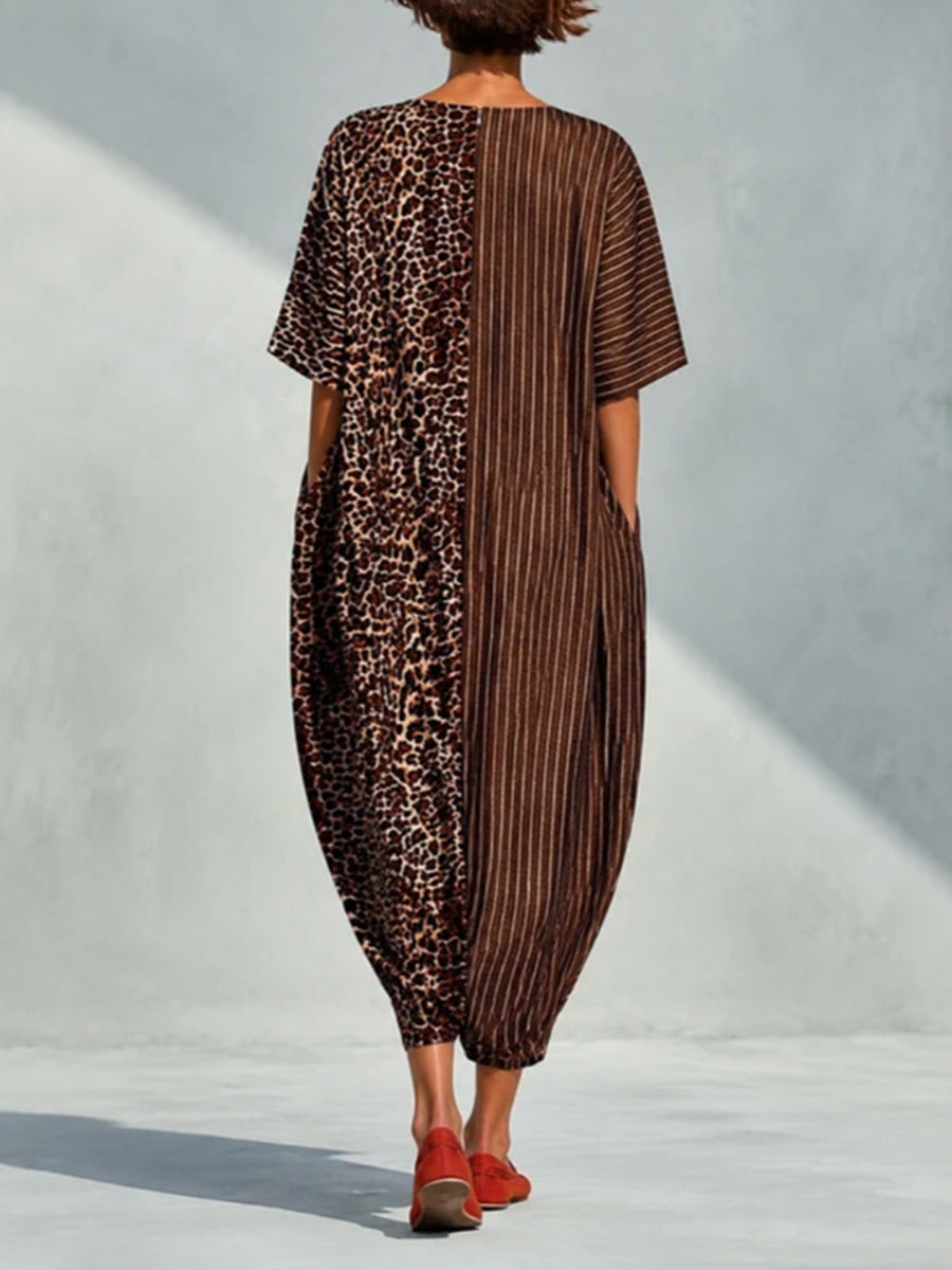 Leopard Print Striped V-Neck Pocket Jumpsuit