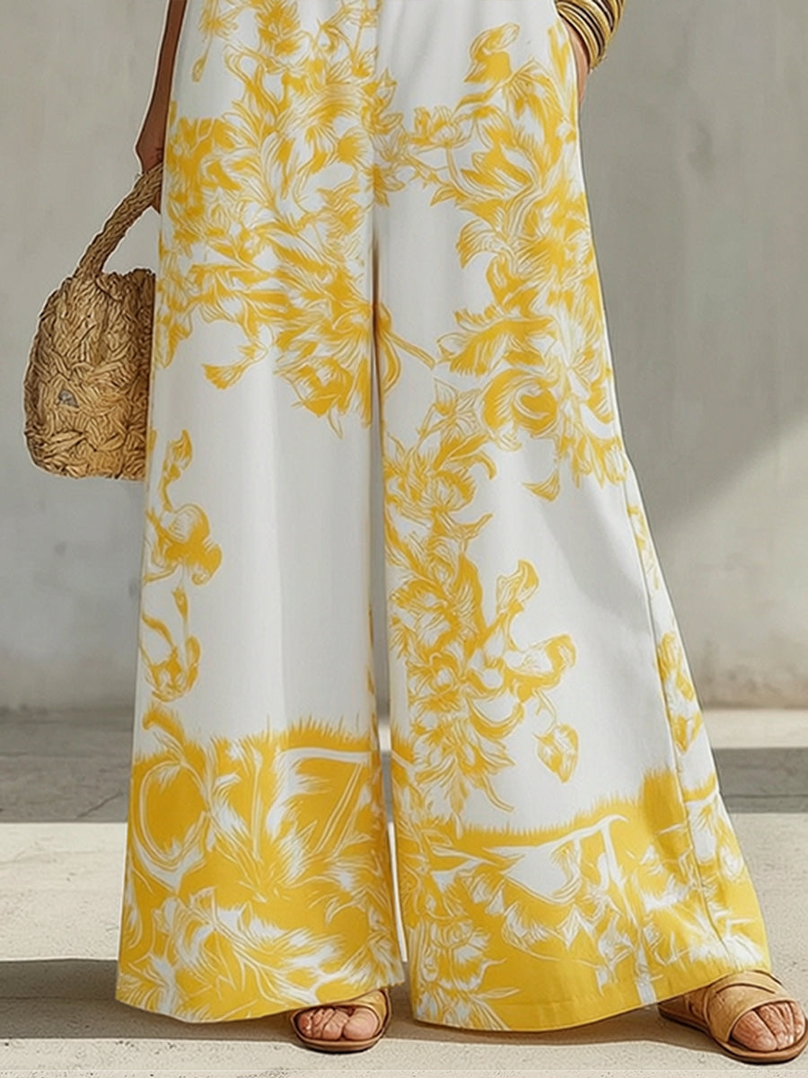Floral Wide-Leg Pleated Pocket Jumpsuit