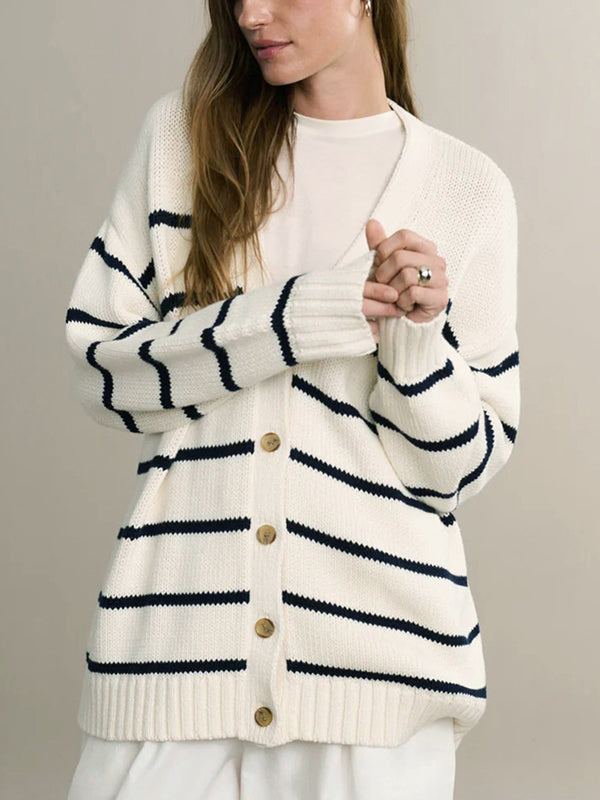 Striped V-Neck Long-Sleeve Relaxed Cardigan