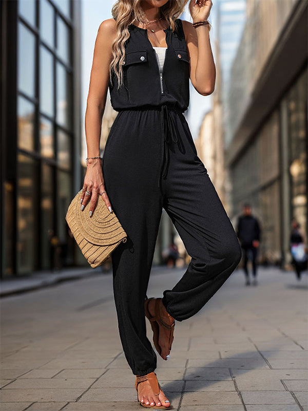 V-Neck Zip Sleeveless Jumpsuit