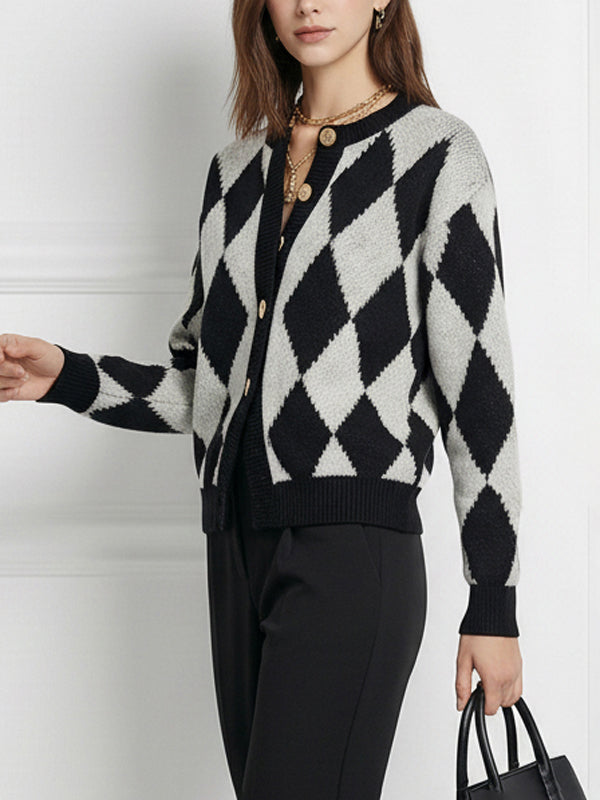 Checked Round-Neck Button-Detail Long-Sleeve Cardigan