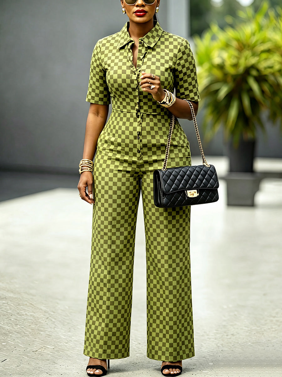 Wide-Leg Button-Detail Contrast Jumpsuit