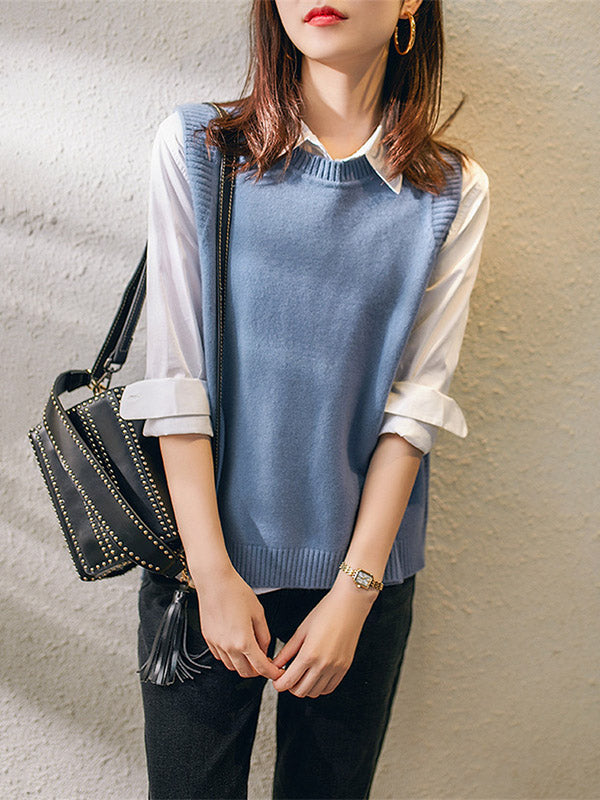 Knit Round-Neck Sleeveless Relaxed Vest
