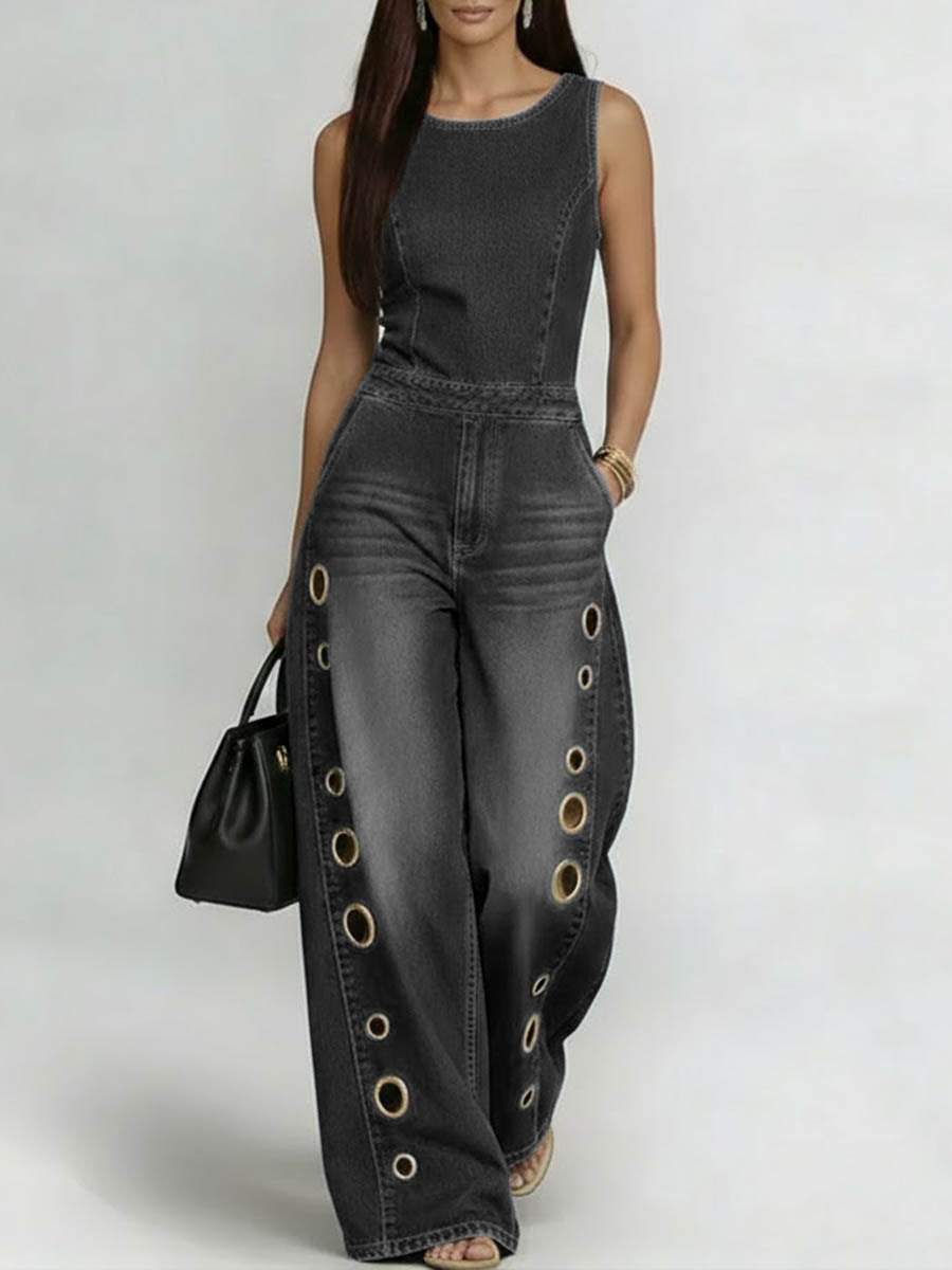 High-Waist Round-Neck Pocket Geometric Jumpsuit