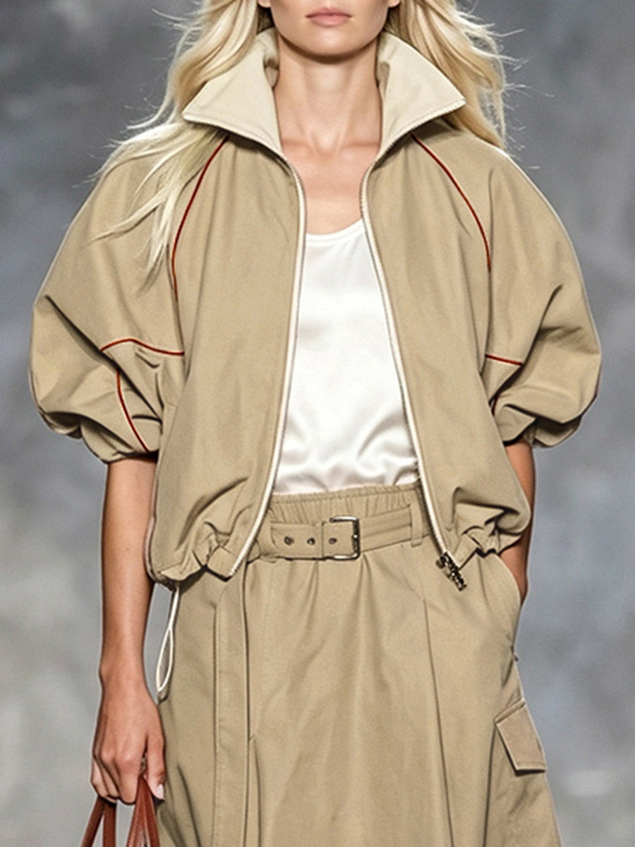 Drawstring Zip Relaxed Contrast Jacket
