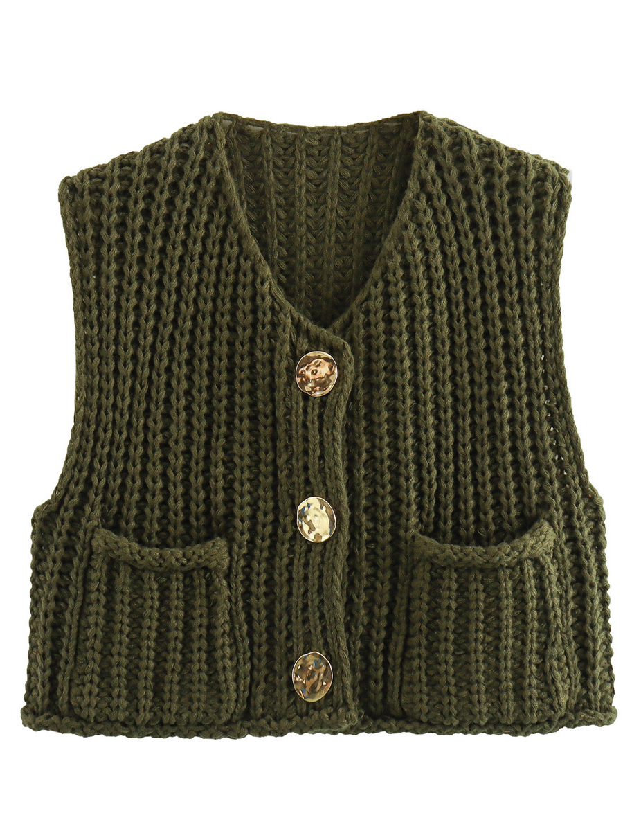 Knit Button-Detail Pocket Sleeveless Cardigan