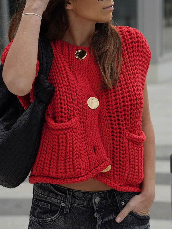 V-Neck Button-Detail Pocket Sleeveless Vest