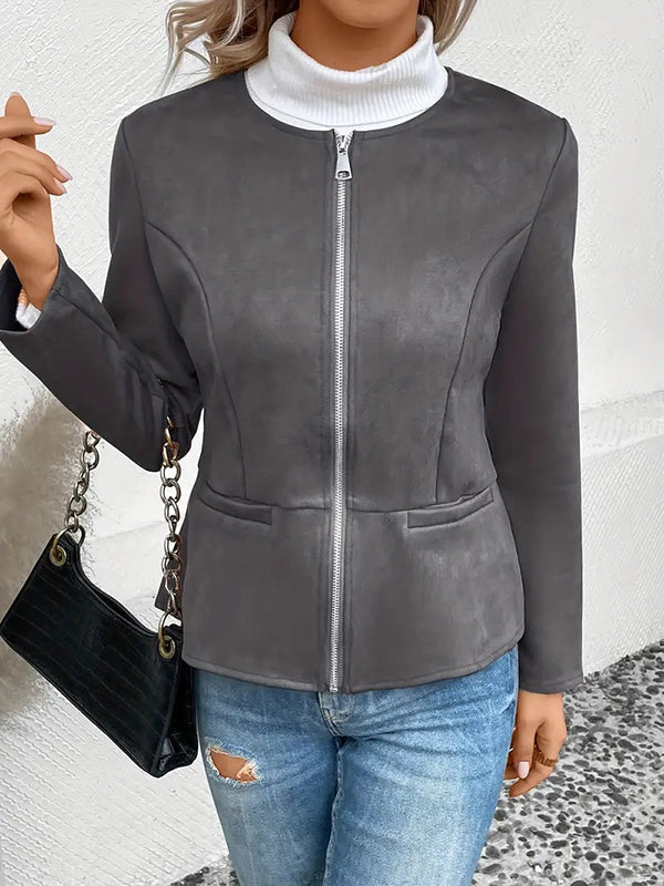 Round-Neck Zip Pocket Long-Sleeve Jacket