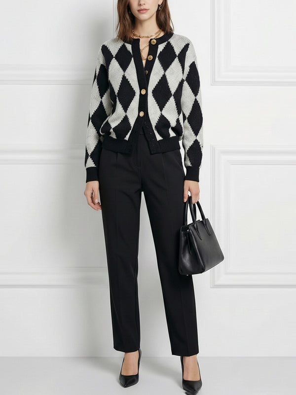 Checked Round-Neck Button-Detail Long-Sleeve Cardigan