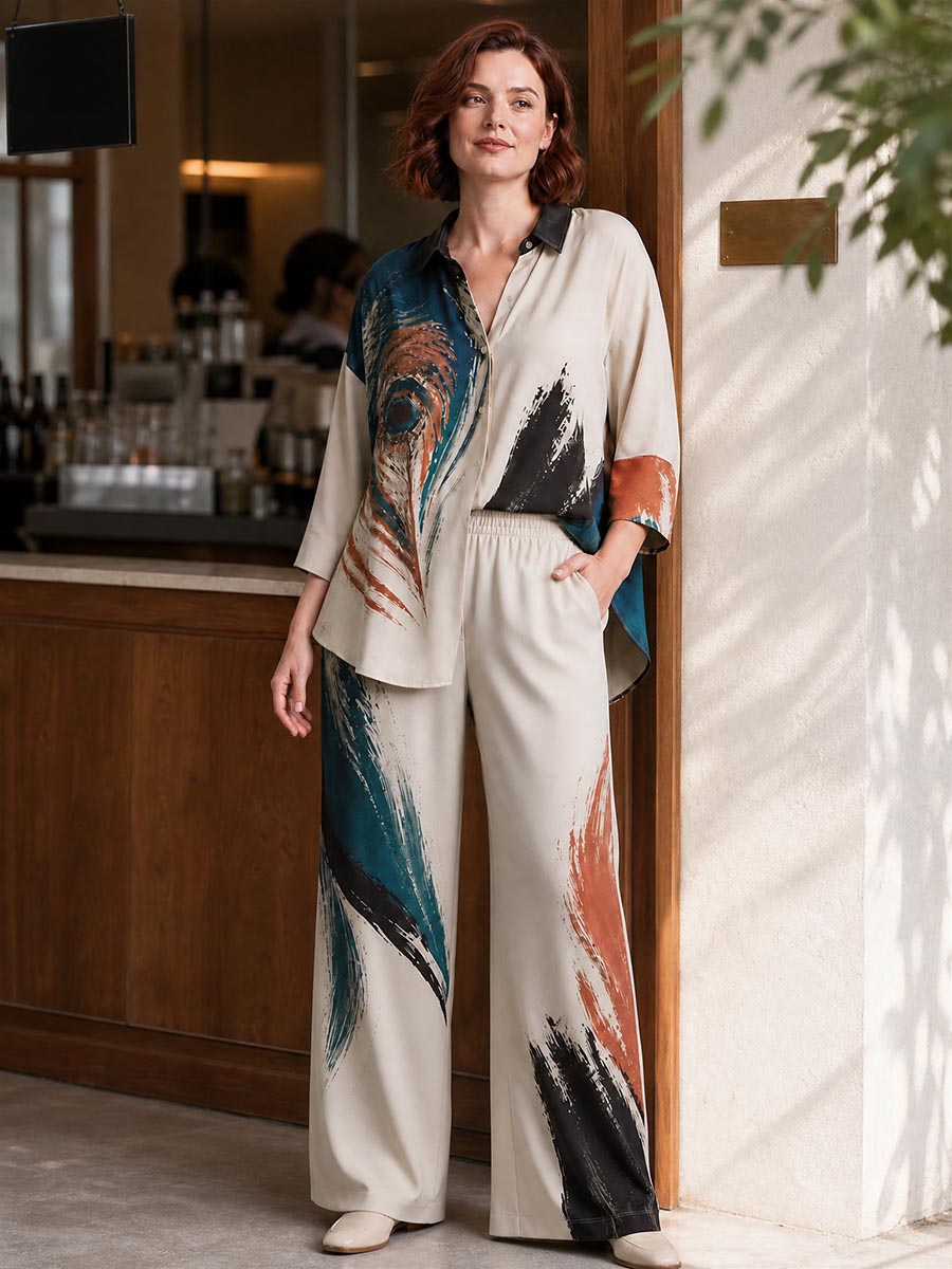 Printed Wide-Leg Pocket Elastic Pants