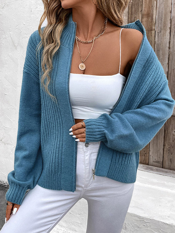 Stand-Collar Zip Long-Sleeve Relaxed Cardigan