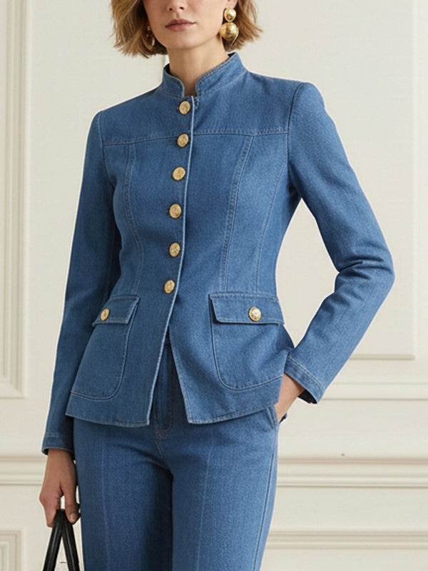 Stand-Collar Button-Detail Pocket Long-Sleeve Jacket