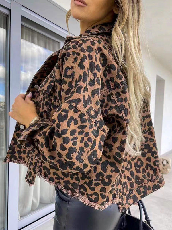 Leopard Print Fringe Button-Detail Pocket Jacket