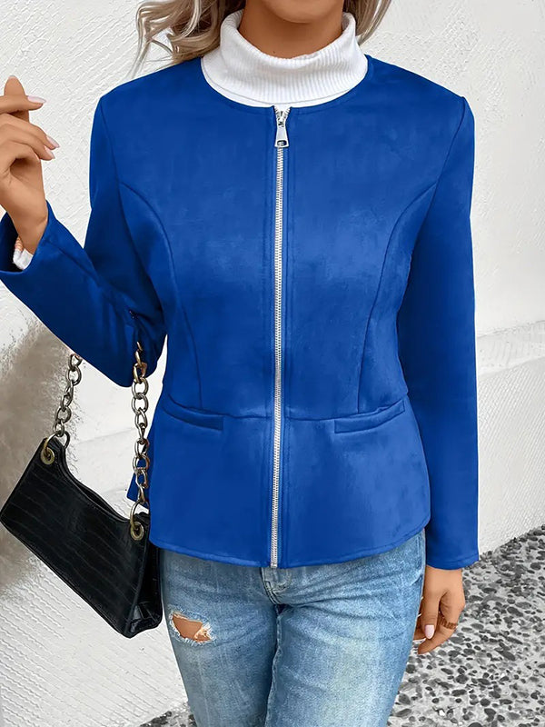 Round-Neck Zip Pocket Long-Sleeve Jacket