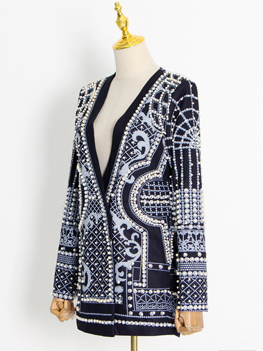 Printed V-Neck Long-Sleeve Relaxed Blazer