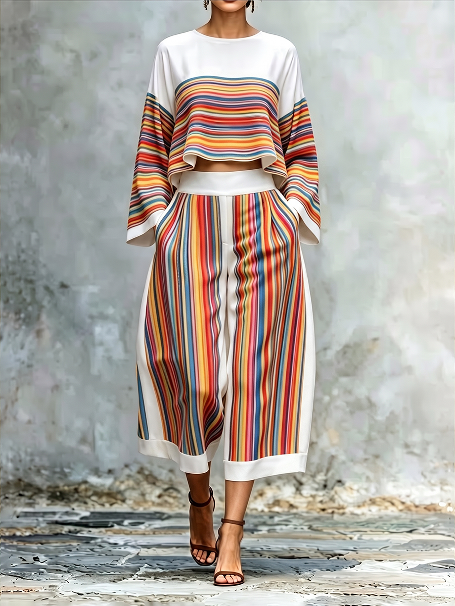 Striped Wide-Leg Cropped Pocket Pants