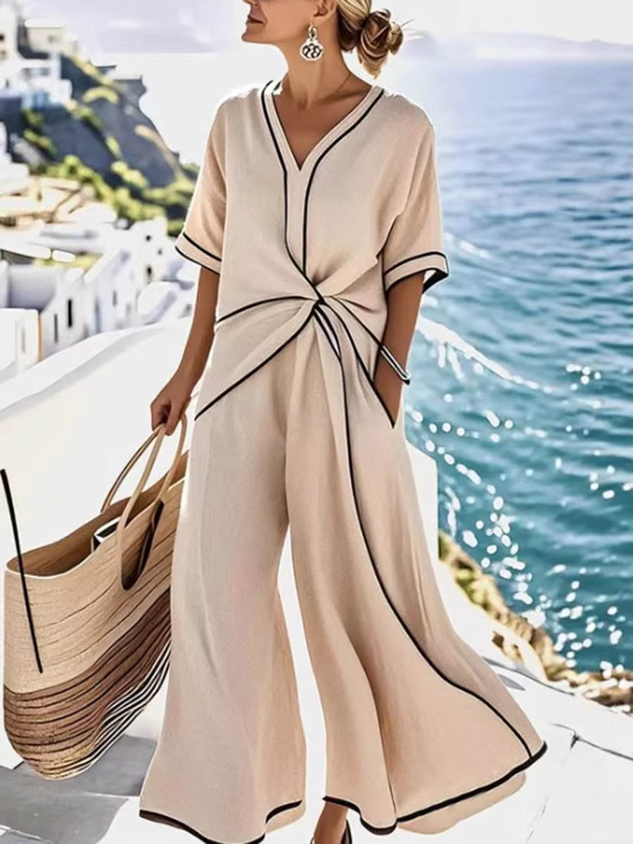 High-Waist V-Neck Pleated A-Line Jumpsuit