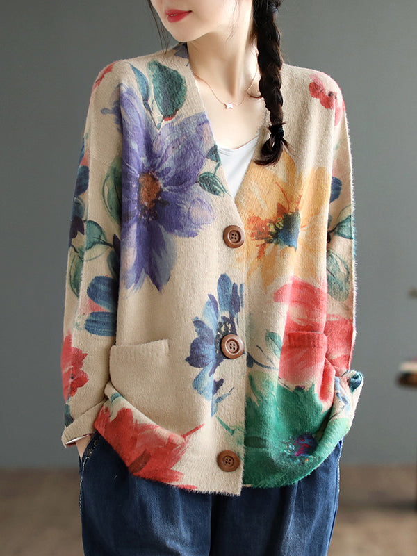 Floral V-Neck Button-Detail Long-Sleeve Cardigan