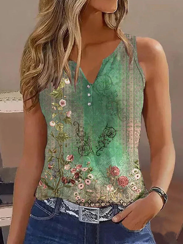 Floral V-Neck Button-Detail Sleeveless Vest