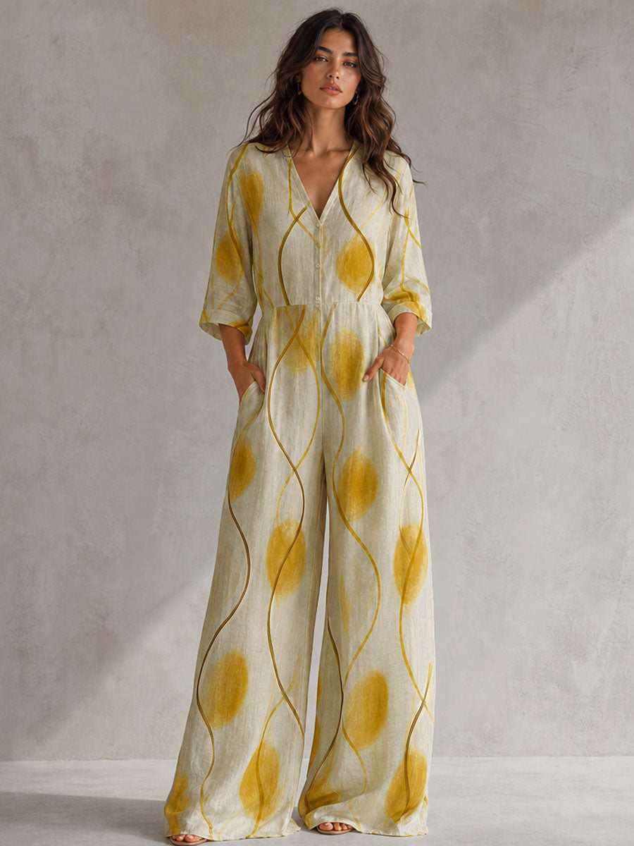Wide-Leg V-Neck Button-Detail Pocket Jumpsuit