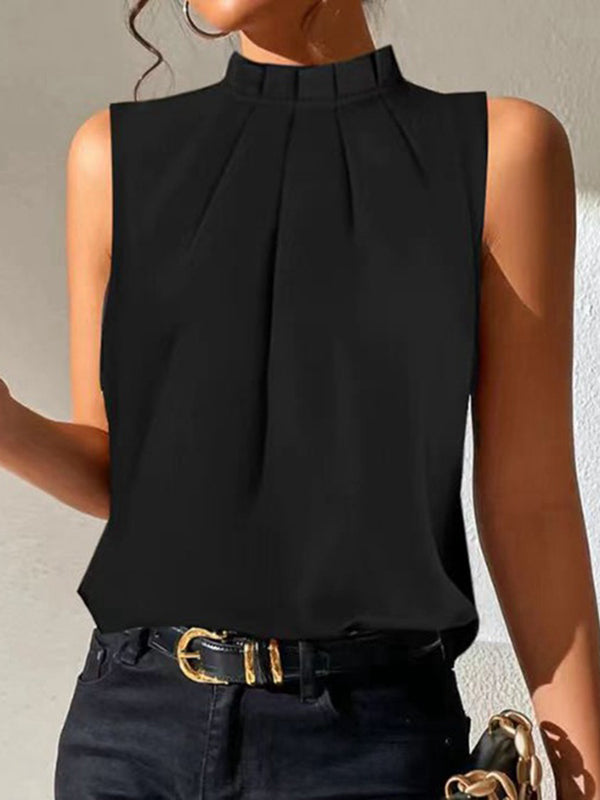 Stand-Collar Pleated Sleeveless Relaxed Vest