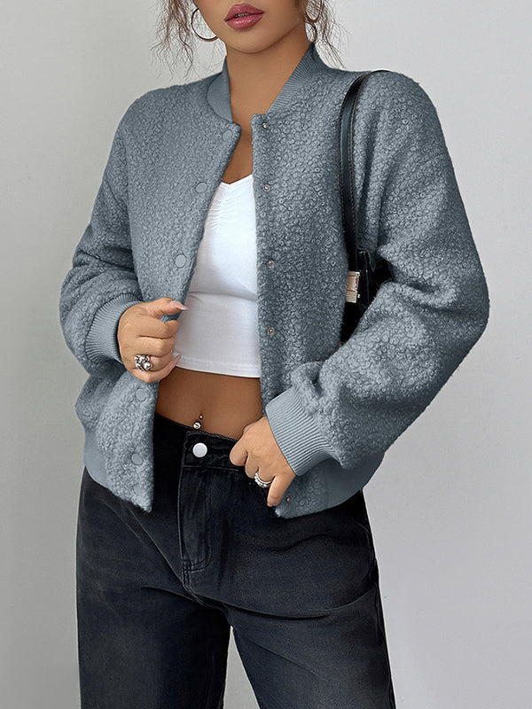 Button-Detail Pocket Long-Sleeve Elastic Jacket