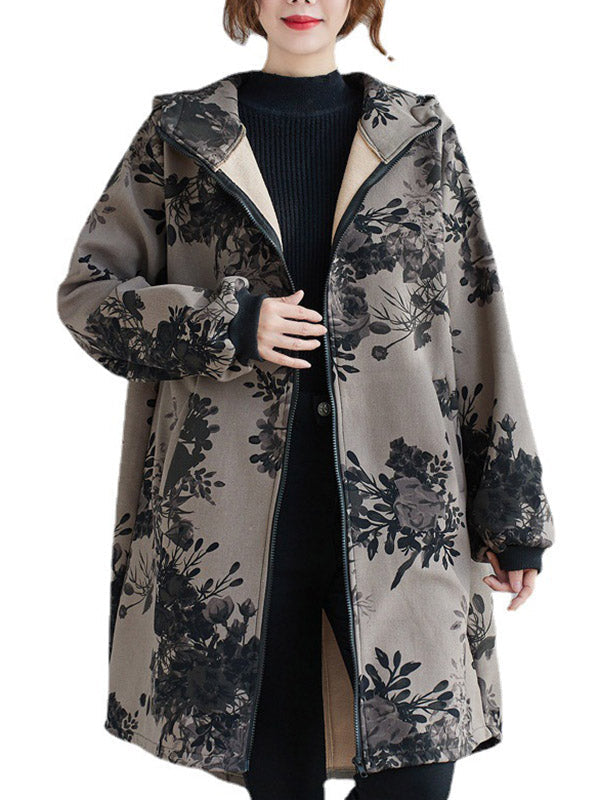 Floral Hooded Long-Sleeve Relaxed Jacket