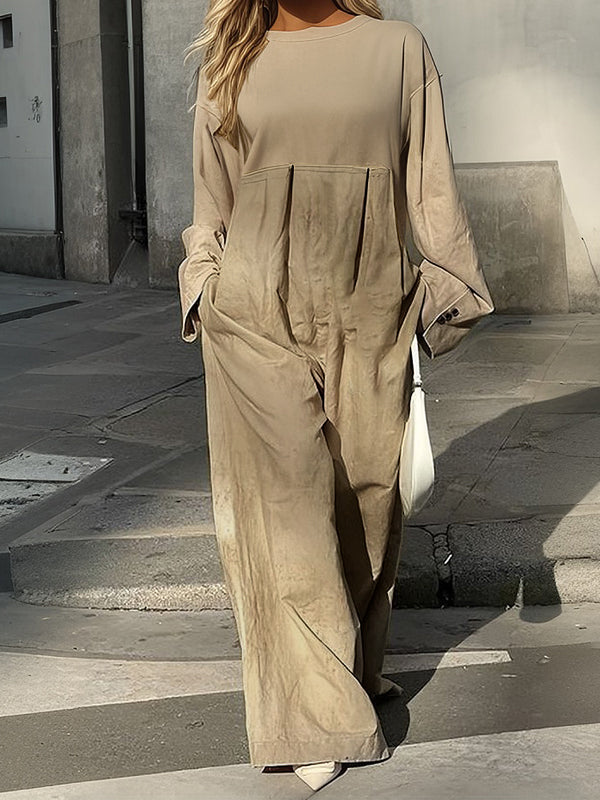 Round-Neck Pleated Pocket Long-Sleeve Jumpsuit