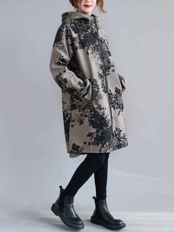 Floral Hooded Long-Sleeve Relaxed Jacket