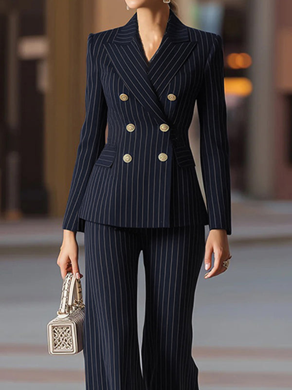 Striped Notch-Collar Button-Detail Pocket Blazer